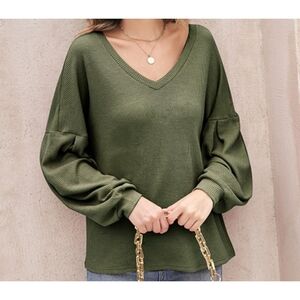 Hotouch Waffle knit Lantern Sleeve top Olive Green Size L